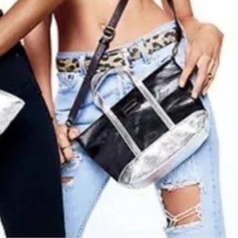 Victoria's Secret Metallic Black/Silver & Pink Small Tote/Crossbody Zip Closure